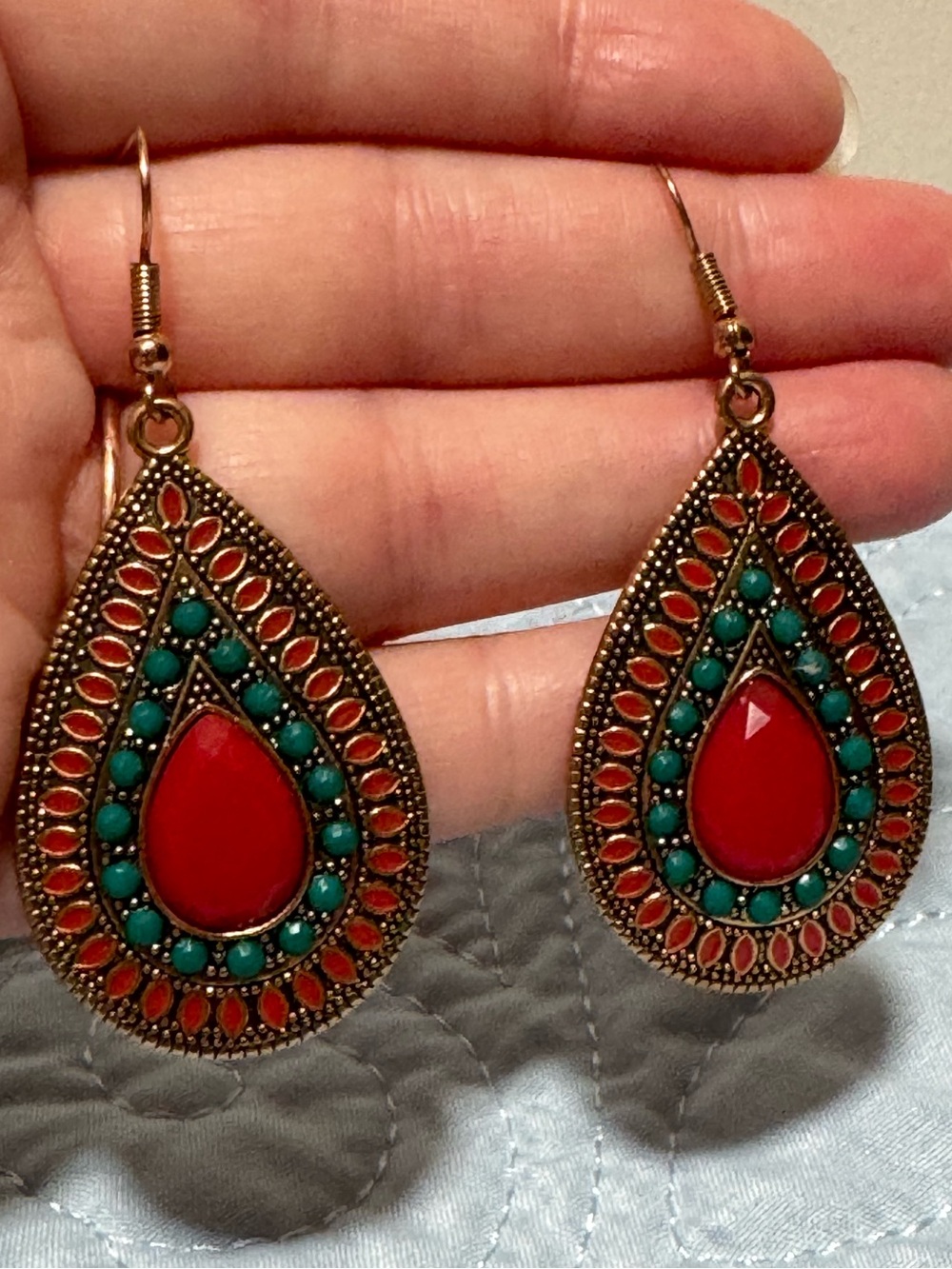 NWOT Boheme Red Teal Bronze Teardrop Dangle Earrings - Women Jewelry